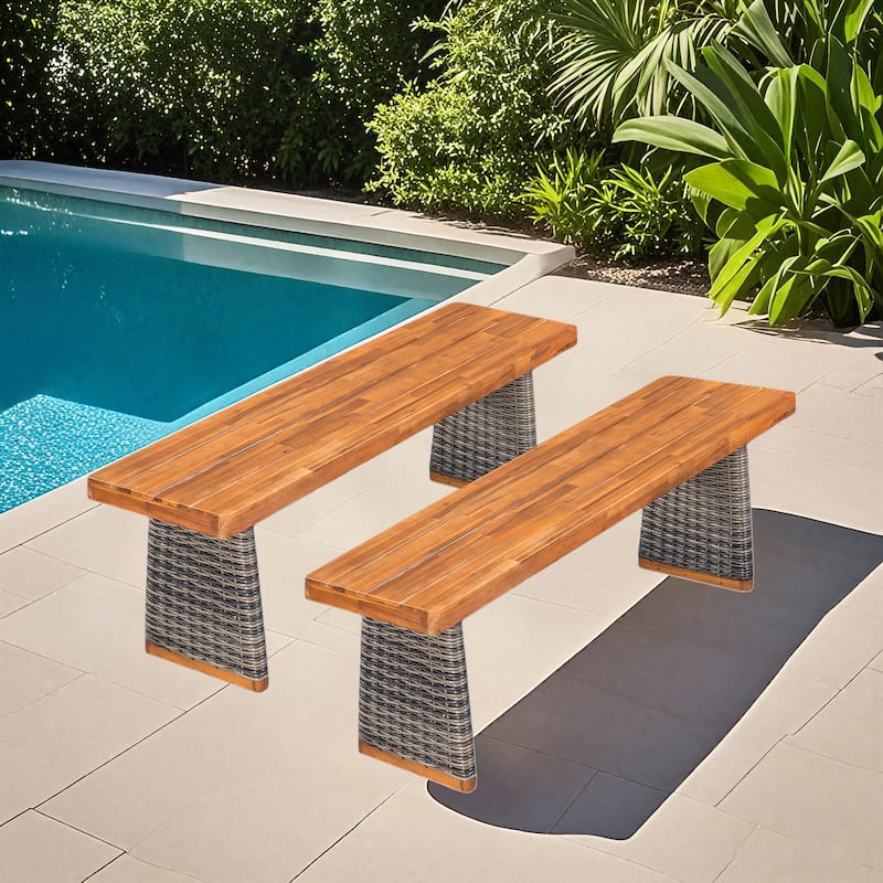 Christopher Knight Home - Rowan Outdoor Acacia Wood Dining Set with Handwoven Rattan Details and Slatted Tabletop