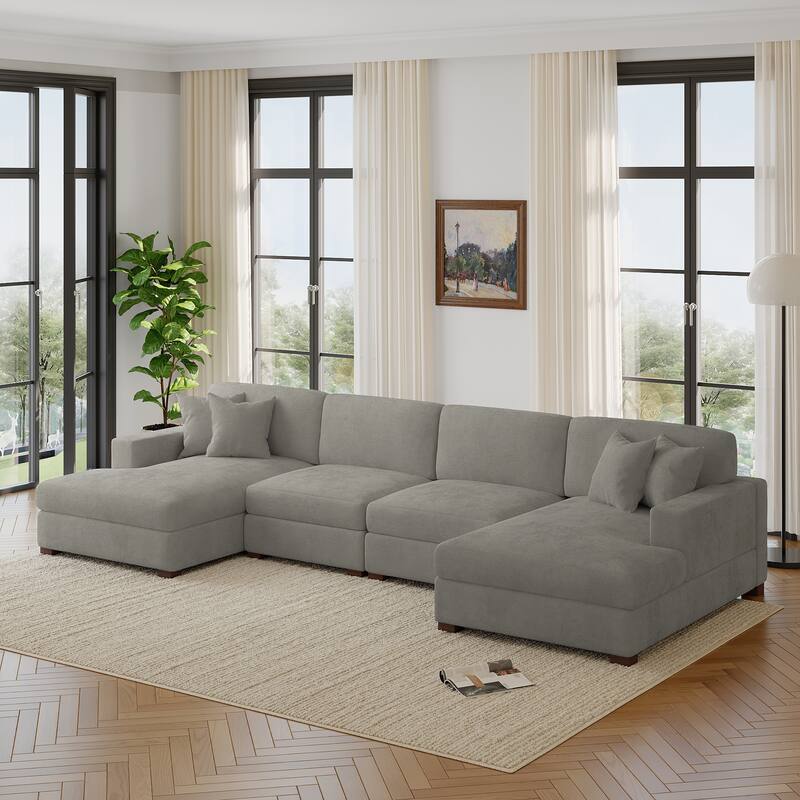 Modern Upholstered Chenille Modular Sectional Sofa with 2 Chaise - Grey-4 Piece