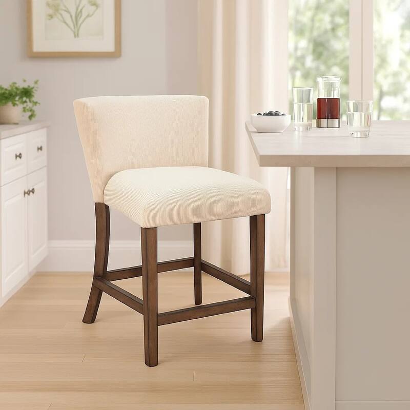Giby Counter Stool Chair Set of 2, Beige, Dark Brown Solid Mahogany