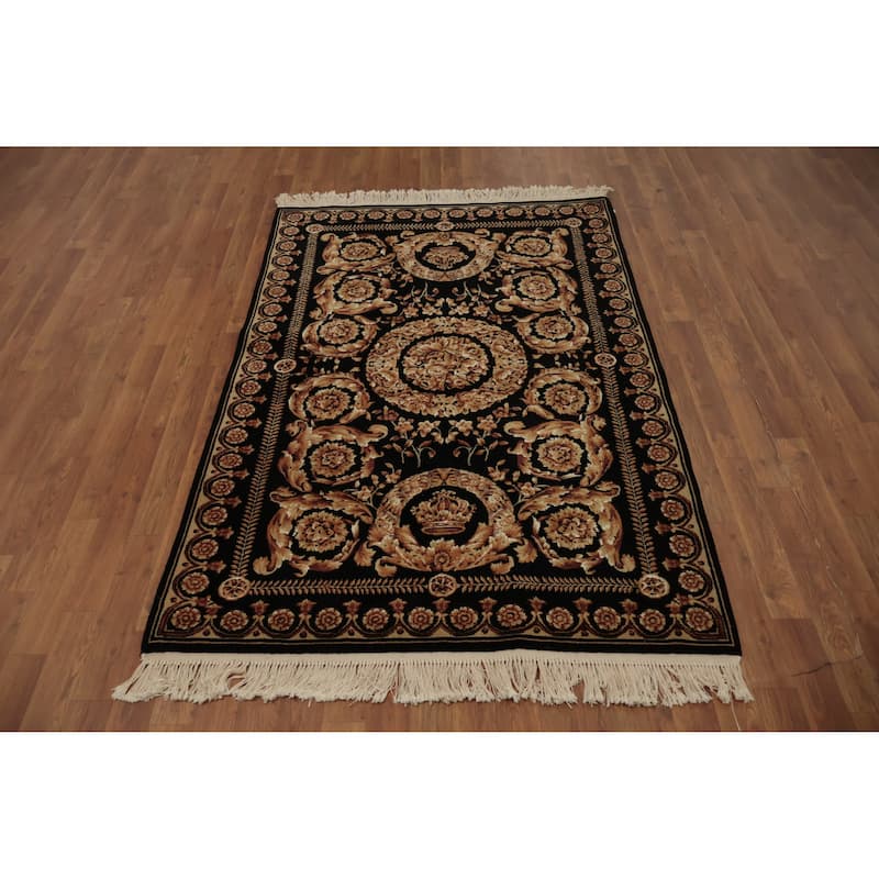 Hand Knotted Oriental 100% Wool Carpet Traditional Floral Black Aubusson Area Rug - 6' 0'' X 4' 1''