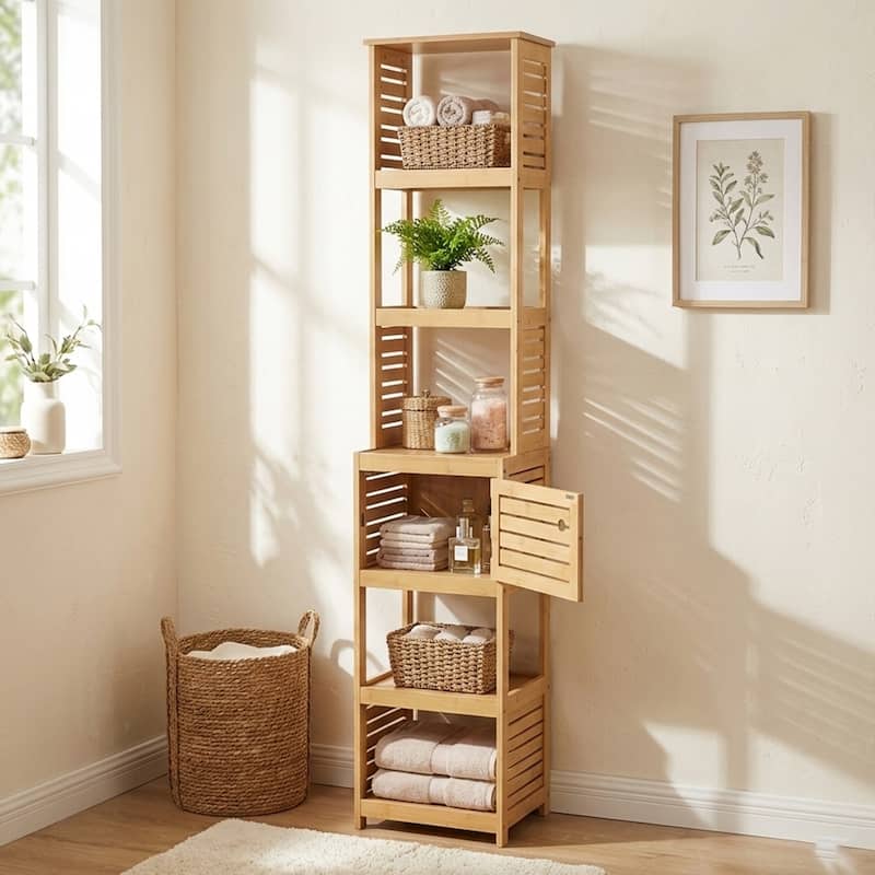 Tall Bathroom Storage Cabinet with Multiple Shelves and Vented Door, Natural - Trinidad Collection - 13 7/8"L x 10.4"W x 68"H