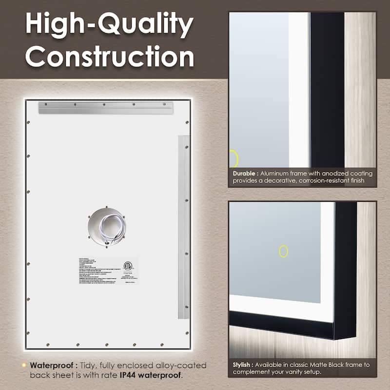 Apollo Rectangular Anti-Fog Dimmable Modern Bathroom/Vanity LED Lighted Wall Mirror in Matte Black Aluminum Framed