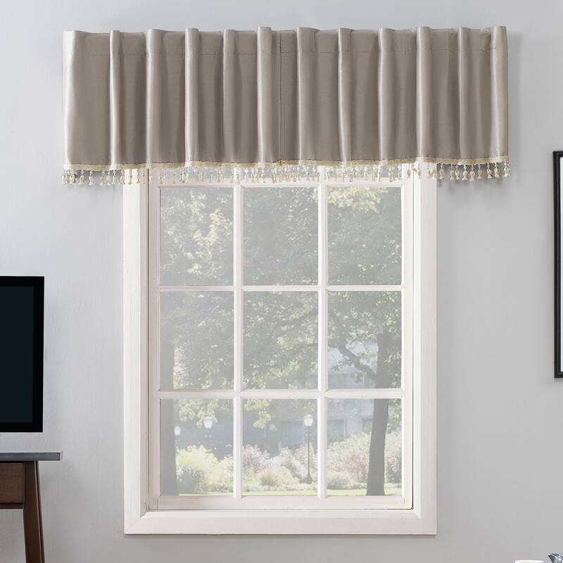 Sun Zero Evelina Faux Dupioni Silk Beaded Tassels Thermal Extreme Total Blackout Back Tab Curtain Valance - 50 x 17 - Stone