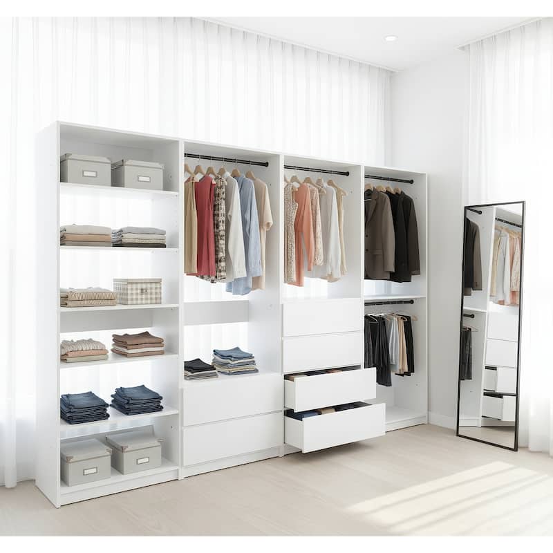 Prosper White Freestanding Walk in Wood Closet System - 125.6"W x 15.7"D x 83" H