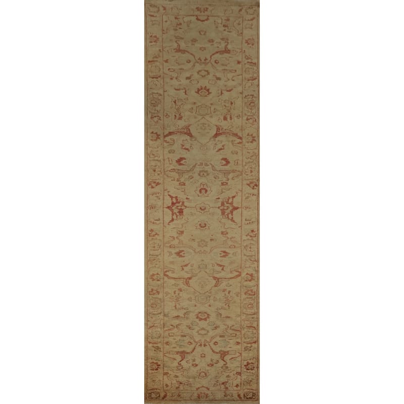 Hand Knotted Oriental 100% Wool Carpet Traditional Floral Beige & Ivories Peshawar Runner Rug - 12' 9'' X 2' 5''
