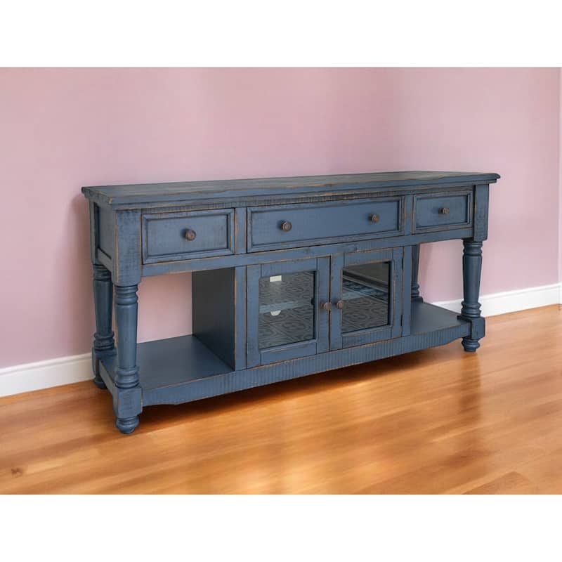 HomeRoots 70" Blue Mango Solid Wood Open shelving Distressed TV Stand - 70' X '34.75' X '19 - Blue - 70' X '34.75' X '19