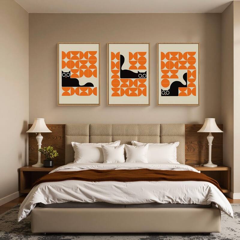 Geometric Black Cat Framed Canvas Wall Art Set