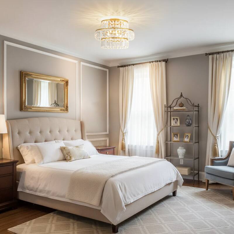 4-Light Modern 3-Tier Crystal Flush Mount Ceiling Light - Glamorous Metal Ring Ceiling Fixture for Bedroom