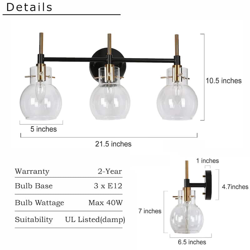 Modern 3-Light Black Gold Bathroom Vanity Light Dimmable Wall Sconces with Globe Glass - 21.5" L x 6.5" W x 10.5" H