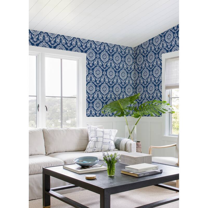 Chesapeake Helm Damask Navy Floral Medallion Wallpaper