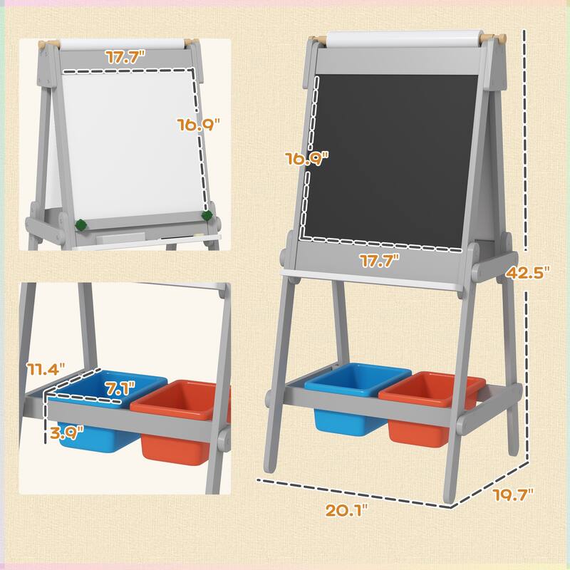 Grey Kids Easel 3-in-1 Art Station with Storage Boxes Paper Roll and Pen Holder for Ages 3-8 - 20.1" W x 19.7" D x 42.5" H