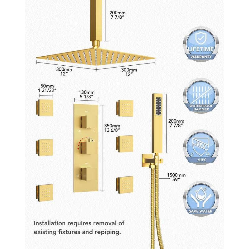 Thermostatic Shower System 12" Rain Shower Head with High Pressure Handheld Spray