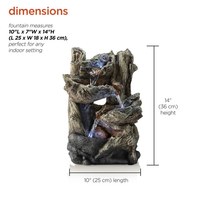 Alpine Corporation 14" Tall Indoor/Outdoor Tiered Log Tabletop Fountain with LED Lights