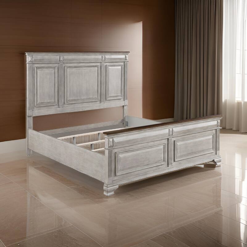 Kova Queen Size Bed, Clean Rustic Headboard Design, Brown Gray Oak Wood