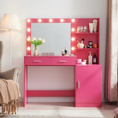 Roomfitters Vanity Desk with Lighted Mirror, Dressing Table with 2 Drawers and Storage, Makeup Table with Open Storage