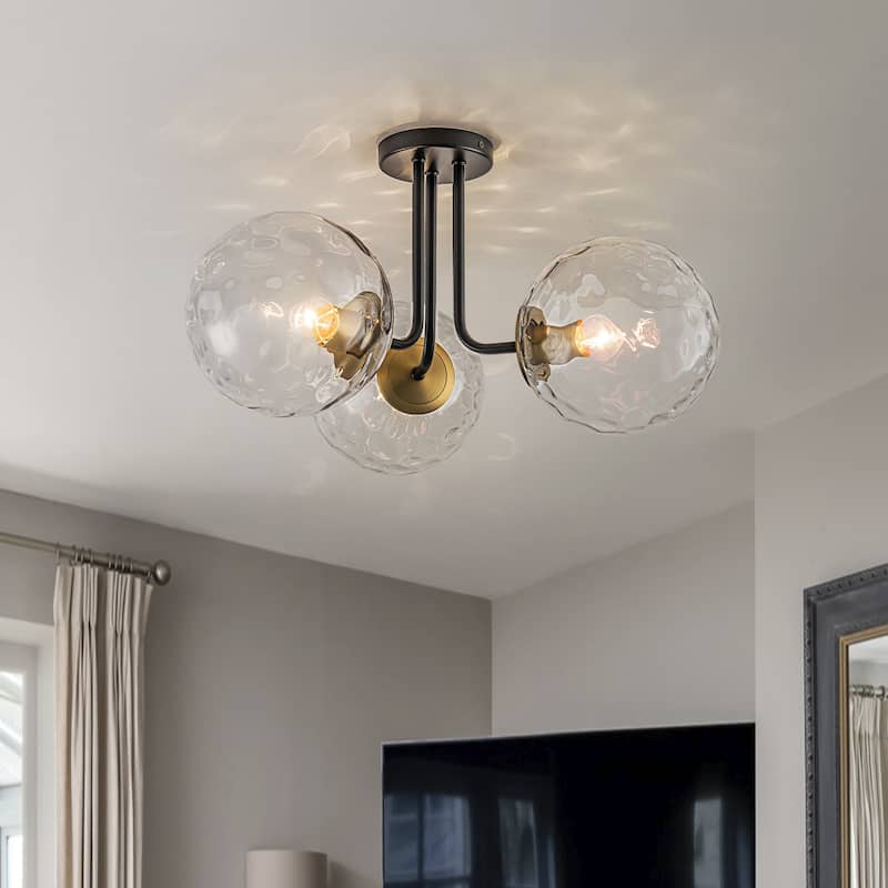 3-Light Dimmable Globe Glass Semi Flush Mount Ceiling Light - Black