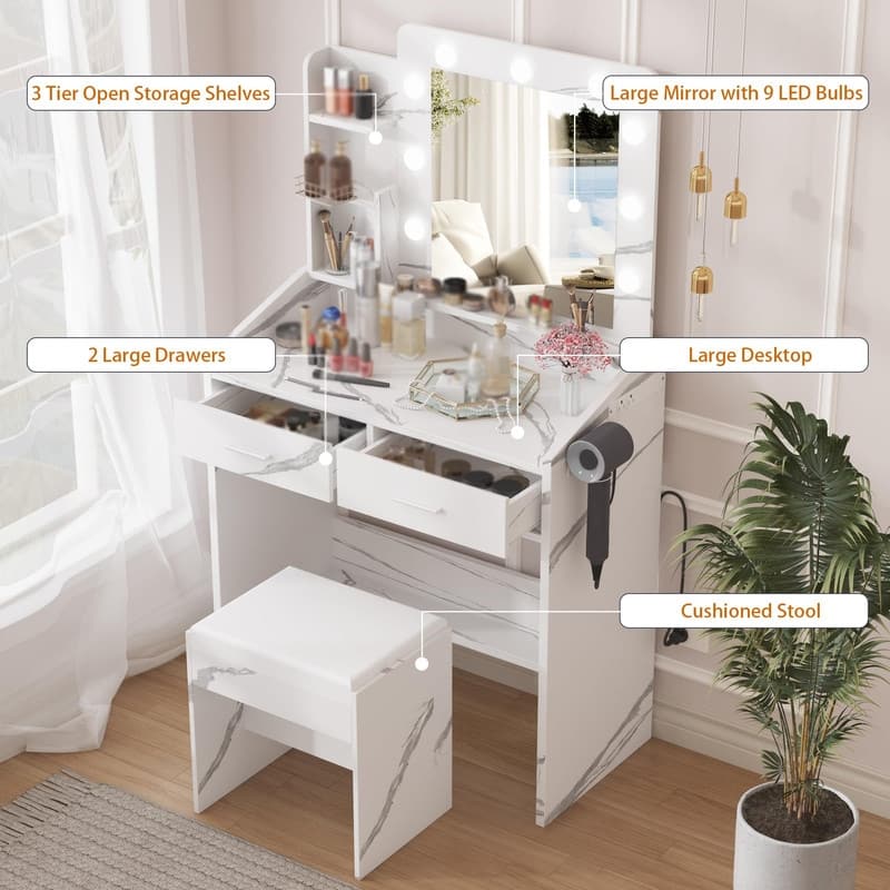 Makeup Vanity Desk with Mirror and Stool, Charging Station, 2 Drawers, 3 Shelves
