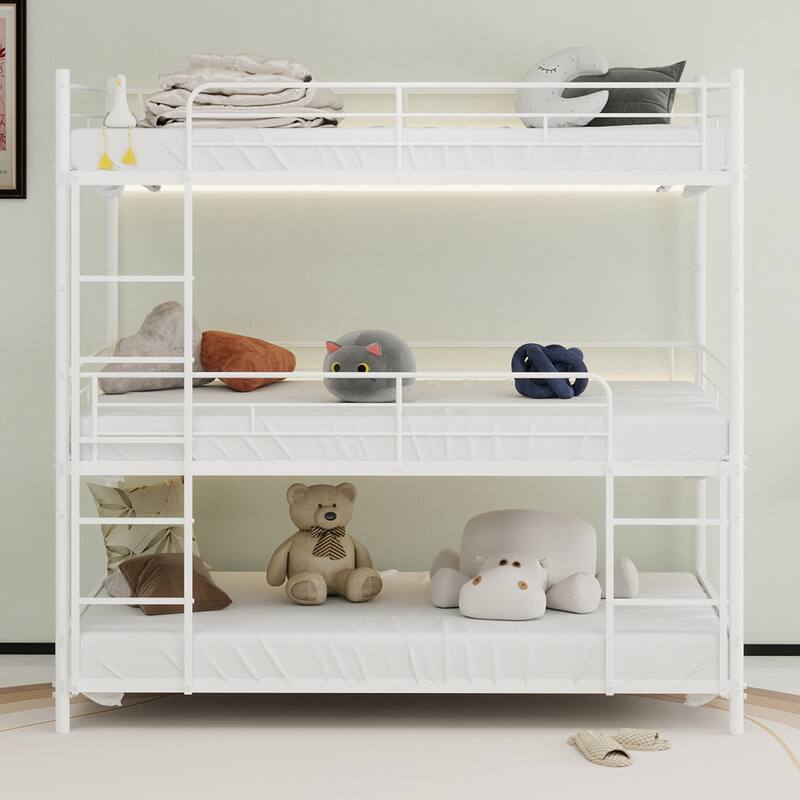 Heavy-duty triple frame bed with built-in ladder and full-length railing