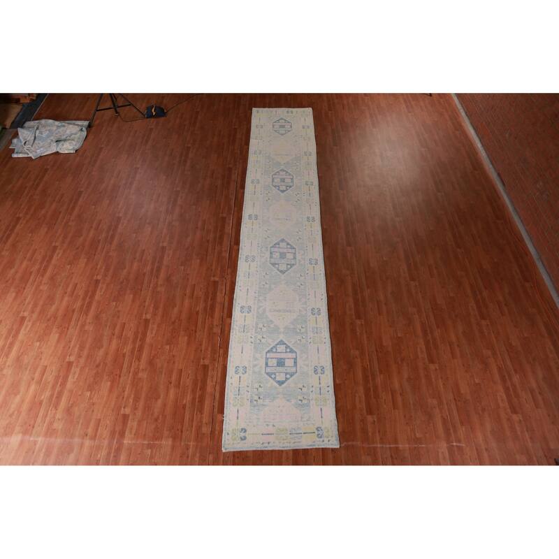 Hand Knotted Oriental 100% Wool Carpet Transitional Geometric Navy Blue & Blues Oushak Runner Rug - 17' 8'' X 3' 3''