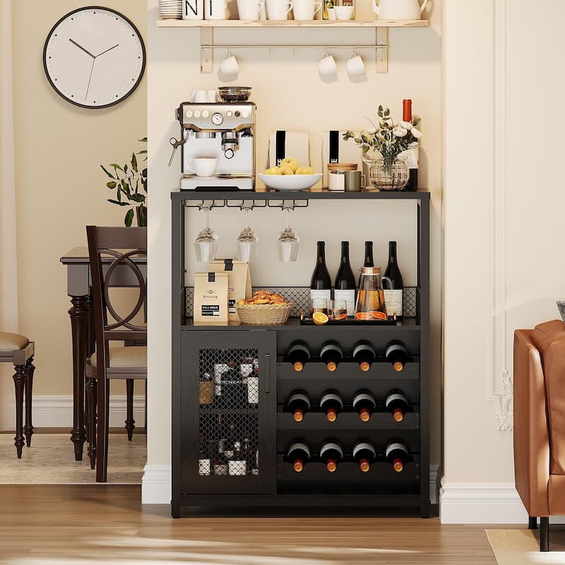 3-Tier Wine Bar Cabinet with LED Lights, Detachable Wine Rack and Storage Space, Small Liquor Bar Cabinet