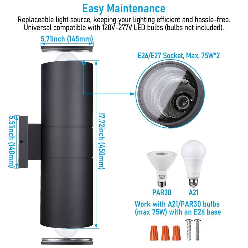17.72" Up & Down Wall Sconces, Waterproof Exterior Wall Light, Aluminum, E26 Base - 2PACK