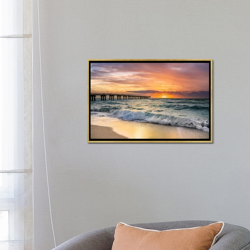 iCanvas "Summer Sunrise at the Beach with Fishing Pier, Miami Florida" by Susanne Kremer Framed Canvas Print