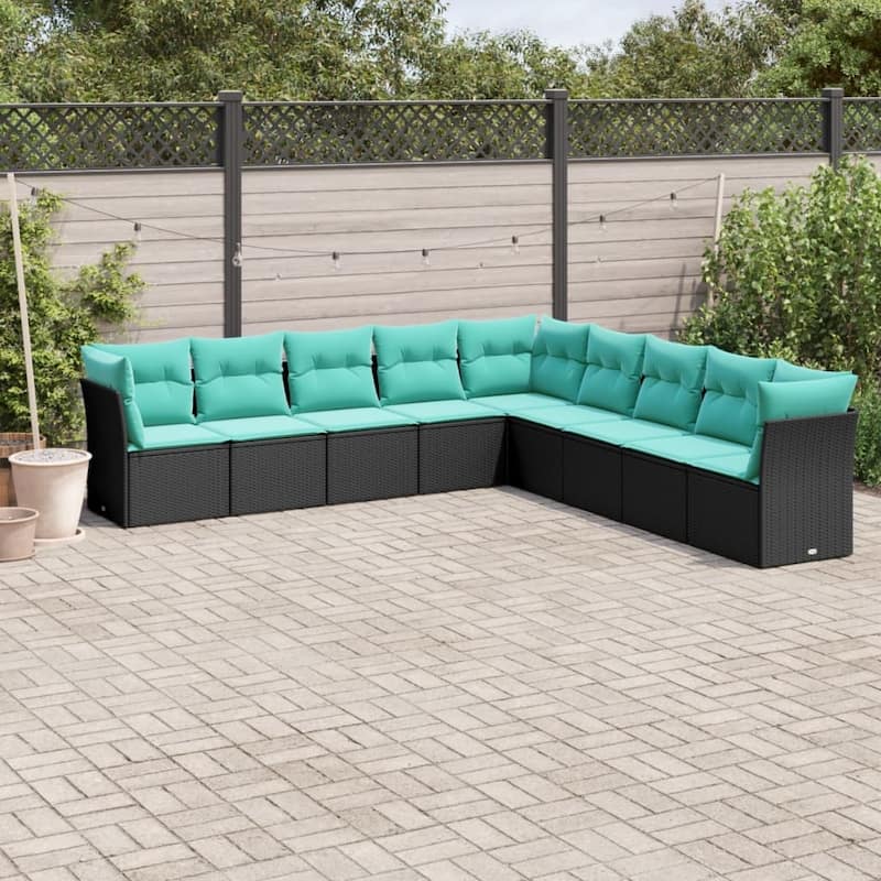 vidaXL 9 Piece Patio Sofa Set with Cushions Black Poly Rattan - 113.8x27.2x113.8-Without table