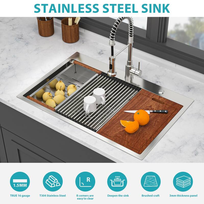 Topmount Drop in Kitchen Sink - 33"x 22" x 10" Double Bowl (60/40) Kitchen Sink 16 Gauge with Two 10" Deep Basin