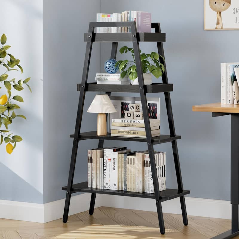 VECELO Modern 4-Tier Corner Ladder Bookshelf Metal & Waterproof MDF Shelves for Living Room Kitchen & Bathroom Corner Bookcase - Black