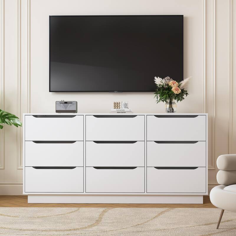 9 Drawer Dresser for Bedroom with Deep Drawers, Large Floor Wood Dressers & Chest of Drawers, Modern White Long Dressers