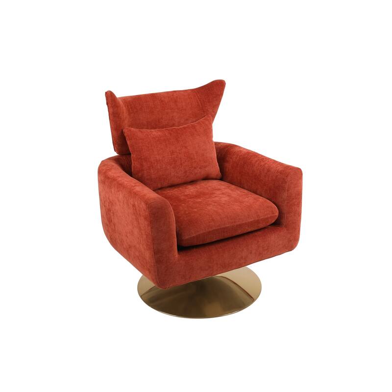 Swivel Accent Chair with Pillow Wide Upholstered & Gold Base, Modern Barrel Chair, 360-degree Swivel Sofa Chair for Living Room