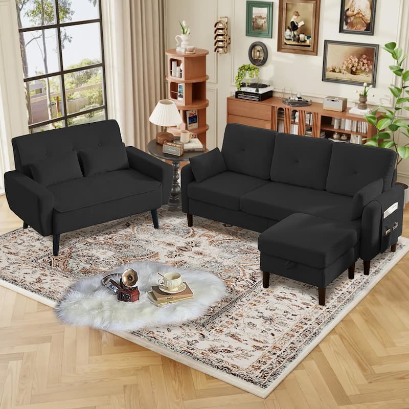 77.17" Corduroy 3 Pieces Living Room Sets with Sofa, Ottoman and Loveseat
