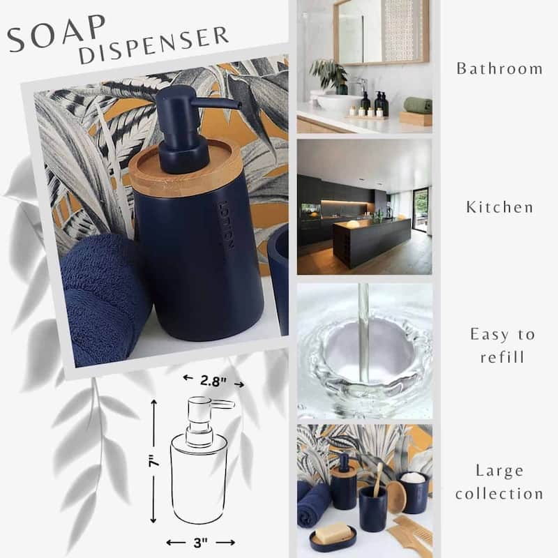 Elegant Soap Dispenser - Polyresin and Bamboo Design, Refillable Liquid Pump - 3 L x 3 W X 7 h
