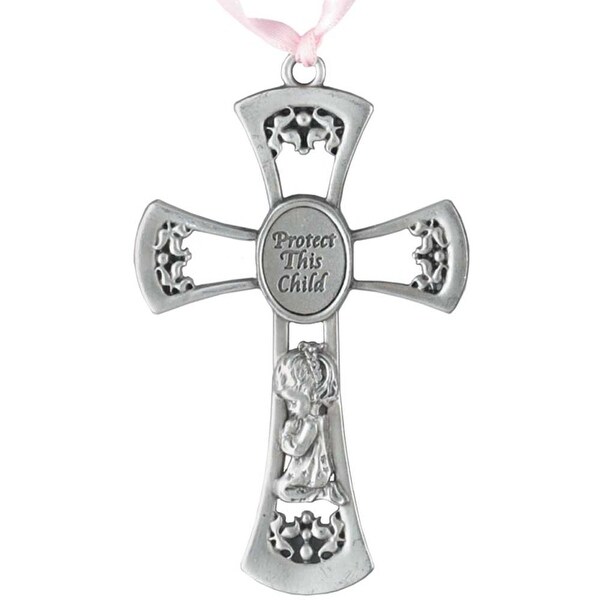 3.5" Gray and Pink "Protect This Child" Wall Hanging Cross - N/A