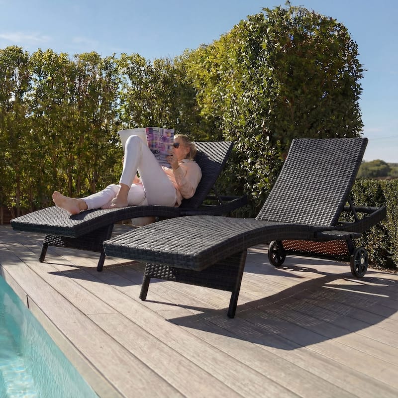 80"Patio Chaise Lounge Chairs Set of 2, Rattan Reclining Chair w/Rolling Wheels & Pull-out Side Table, Adjustable Backrest