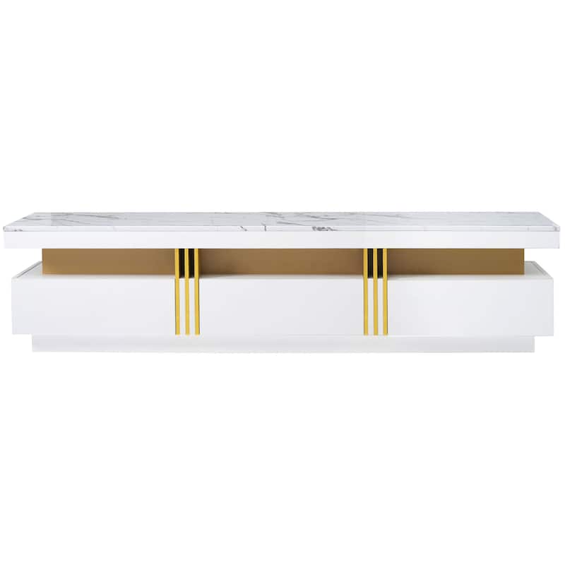 Luxury TV Stand with High Gloss Faux Marble Top for TVs Up to 78'', Rectangle Media Console with Golden Panel.