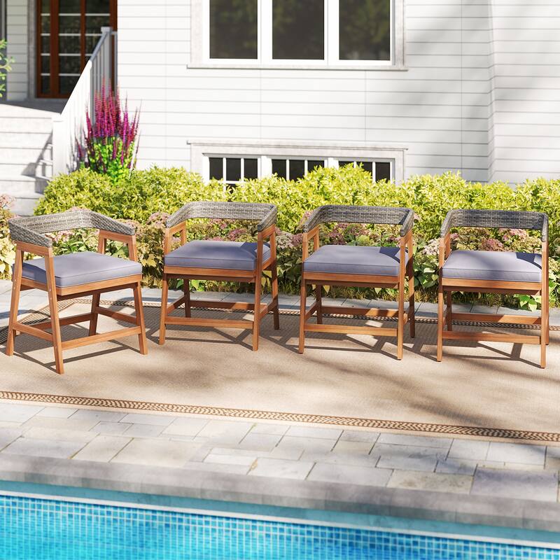 Outdoor Acacia Wood Patio Wicker Dining Chairs Set of 4 with Seat Cushion-Gray - Multi - Multi