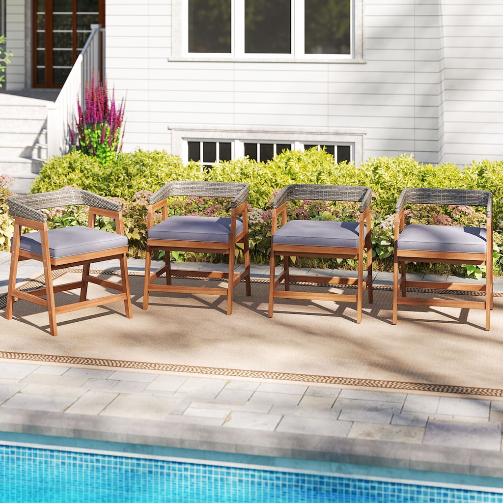 Outdoor Acacia Wood Patio Wicker Dining Chairs Set of 4 with Seat Cushion-Gray - Multi
