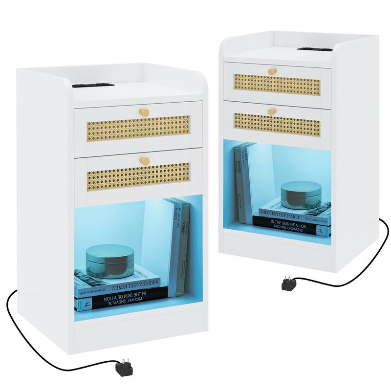 Moasis Rattan Set of 2 Nightstand with Charging Station LED Lights - White - 2-drawer