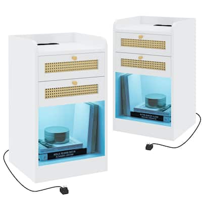 Moasis Rattan Set of 2 Nightstand with Charging Station LED Lights