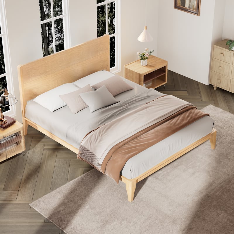 Full/Queen/King Bamboo Platform Bed, Mid-Century Modern Bed Frame with Tall Headboard, Wood Slat Support, No Box Spring Needed