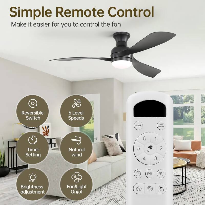 Sofucor 52-Inch Fulsh Mount Ceiling Fan With Light, 18W LED Dimmable Light With Memory Function, DC Motor, 1/4/8H Timer Setting