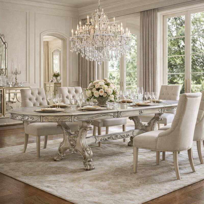 Dining Table with Scrolled Motifs and Claw Feet, Silver