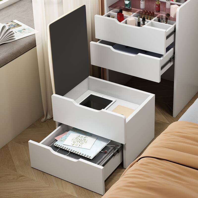 3 in 1 Vanity Desk with Plip Top Mirror,Small Make Up Vanity Set with Visible Glass Desktop,3 Drawers,Cushioned Tool
