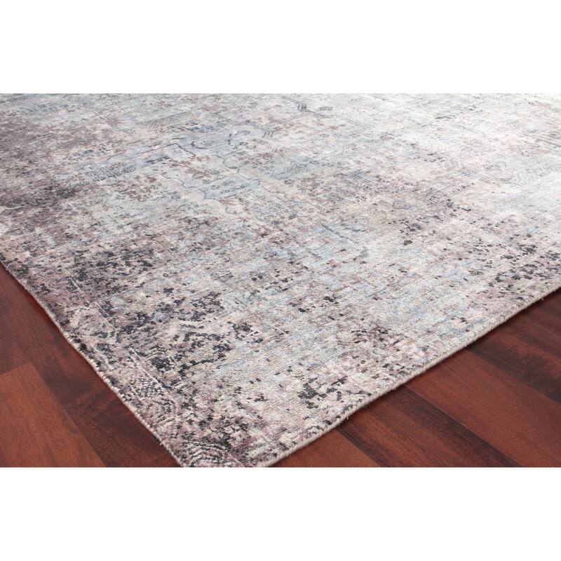 EXQUISITE RUGS Fine Pure Silk Hand-knotted Silk Ivory/Dark Grey/Multi Area Rug.