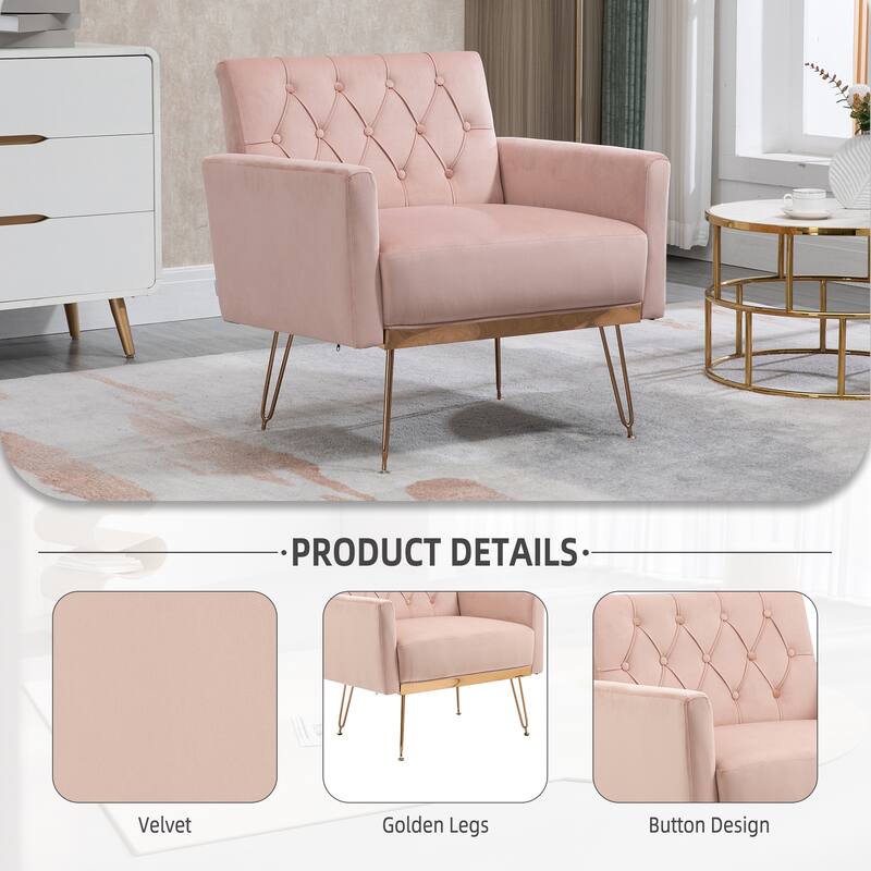 Velvet Upholstered Armchair Single Sofa Modern Tufted Reading Chairs Gold Metal Leg Wingback Chairs for Living Room Bedroom