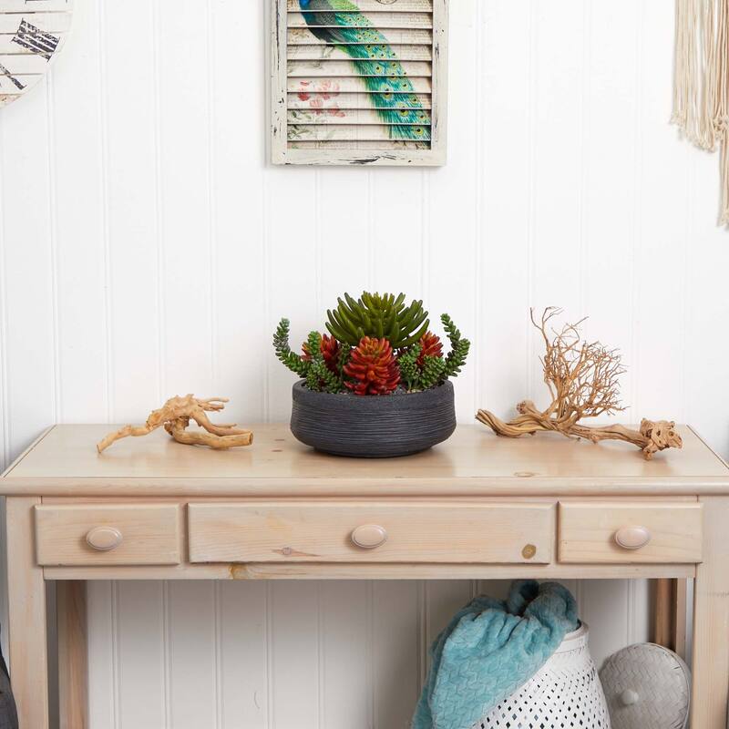 12" Succulent Garden Artificial Plant in Decorative Bowl