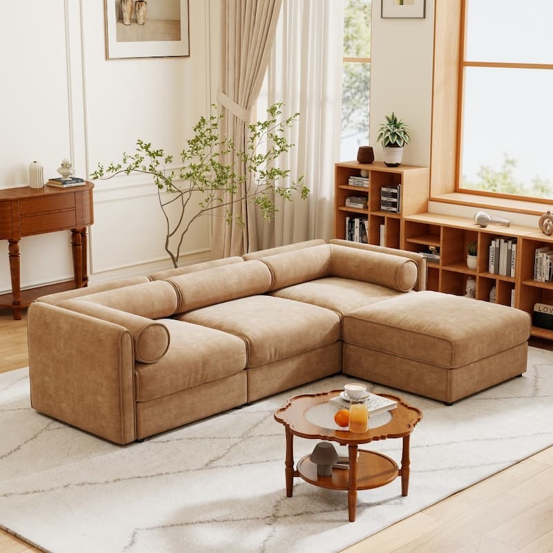 Contemporary L-shaped Chenille Sectional Sofa with Storage Seats and Ottoman
