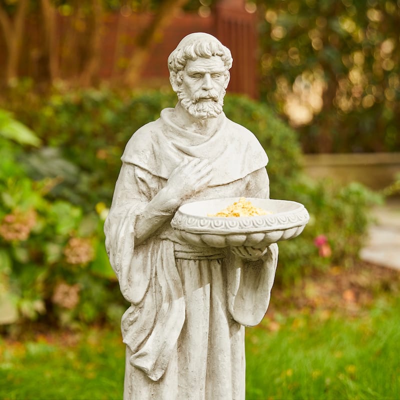 Glitzhome Vintage MgO Saint Francis Garden Statue Sculpture with Birdfeeder Feeding Animals