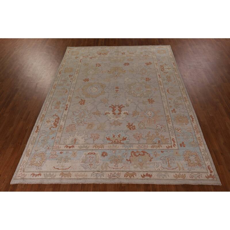 Vegetable Dye Oushak Area Rug Hand-Knotted Floral Beige Wool Carpet - 7'11" x 10'2"